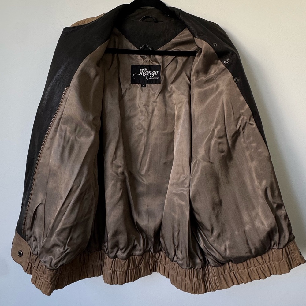 Mango Vintage Two Tone Leather Bomber Jacket - Size 6 - Picture 13 of 15
